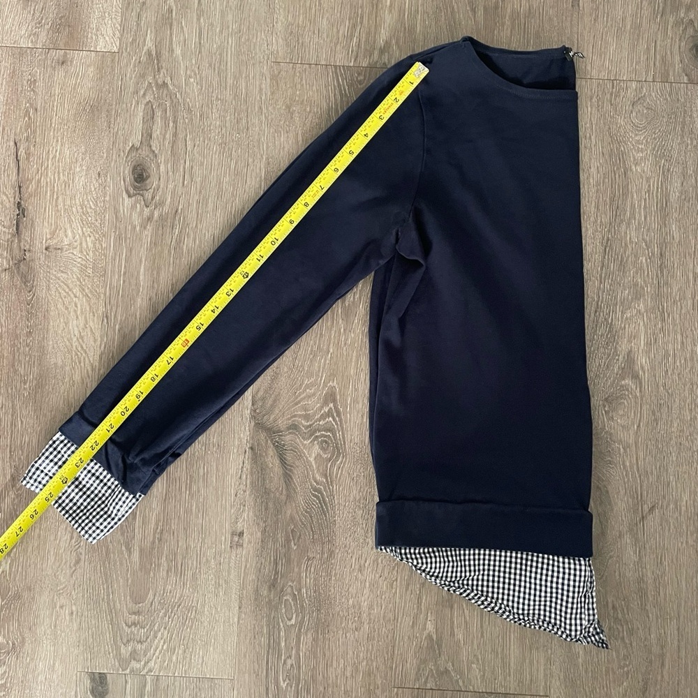 Navy Blue Women's Top with Checkered Cuffs - Picture 10 of 10